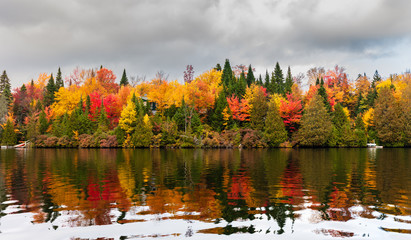 Fall colors in cottage country in the Laurentians, Quebec, Canada.