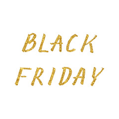 Black Friday hand written with brush. Gold glitter lettering. Grunge drawing isolated on white background. Seasonal sale banner.