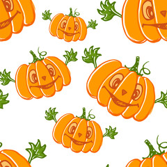 Hand drawn pumpkin character seamless pattern drawing with leaves. Happy Halloween or Thanksgiving vector illustration. 