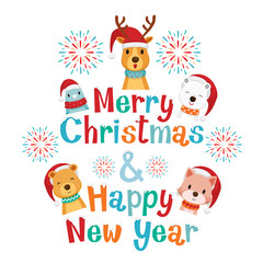 Decoration of Merry Christmas and Happy New Year Lettering with Animals, New Year, Xmas, Festive, Holiday