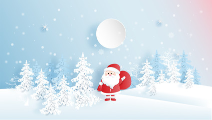 Christmas card with snow forest and lovely Santa Claus  in paper cut style vector illustration.