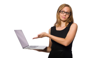 Woman with laptop isolated on white 