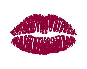 Female pink lipstick kiss isolated on white background. 