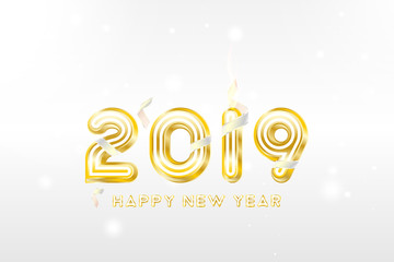 Postcard Happy new year 2019 with original gold shining font. Creative template with decoration elements. Flat vector illustration EPS10