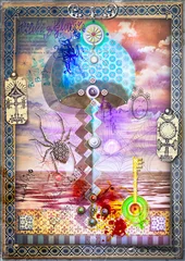 Poster Magische en psychedelische paddenstoel. Handschriften, tekeningen en schetsen met esoterische, astrologische en alchemistische tekens en symbolen © Rosario Rizzo