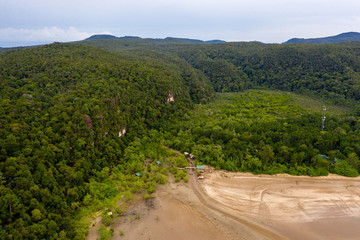 Aerial drone view of mangrove forest surrounded by lush tropical rainforest in Bako, Borneo