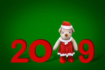 Merry christmas and happy new year card 2019 with pretty teddy bear in red dress and santa hat or santy costume standing between greetings wording.