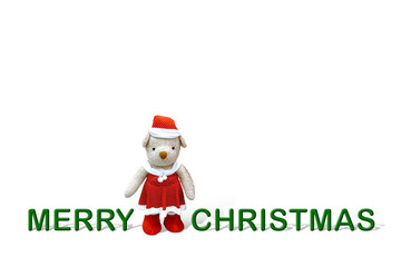 Merry christmas and happy new year card 2019 with pretty teddy bear in red dress and santa hat or santy costume standing between greetings wording.