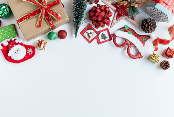 Christmas gifts, ornaments and decorations collection on white background, Flat lay, Top view