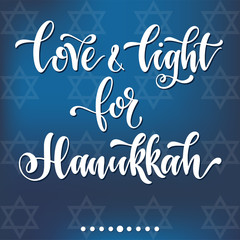 Love and light for Hahukkah. Happy hanukkah hand drawn lettering, dreidels and jewish stars. Elements for invitations, posters, greeting cards. T-shirt design. Seasons Greetings.