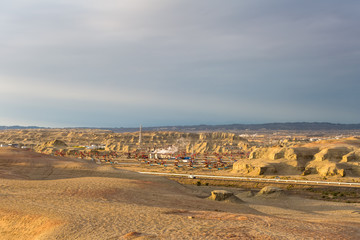 xinjiang windy city oil field in sunset