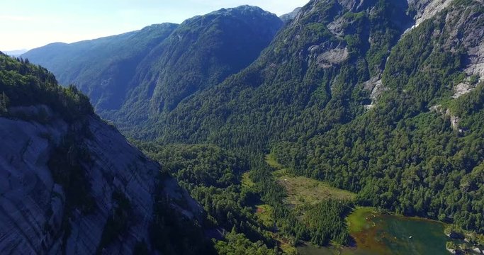 Aerial view of the Tagua Tagua park and its diverse geography, with forests, mountains, lagoons and waterfalls