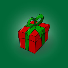 red gift box with green ribbon and bow isolated on green gradient