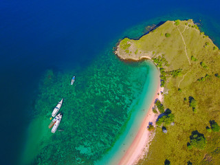 Aerial view of beautiful pink beach at Flores Island