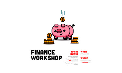 Finance Workshop Invitation with Cute Pig Illustration in Flat Line Art Style Design