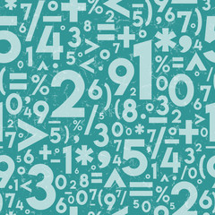 Seamless Vector Distressed Textured Math Operation Symbols and Numbers in Light & Dark Turquoise