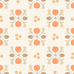 Seamless Vector Pumpkin, Acorn, Cranberry Damask in Pastel Orange, Brown, Peach, & Gray