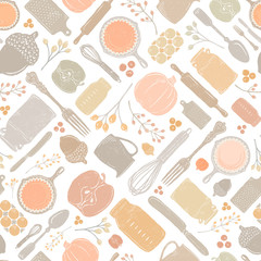 Seamless Vector Distressed Fall Baking Kitchen Utensil, Pumpkin, & Acorn Geometric Scatter - Pastel