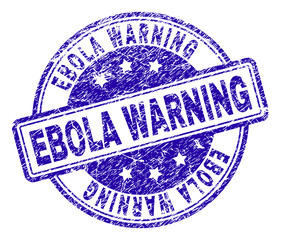 EBOLA WARNING stamp seal imprint with distress texture. Designed with rounded rectangles and circles. Blue vector rubber print of EBOLA WARNING tag with scratched texture.