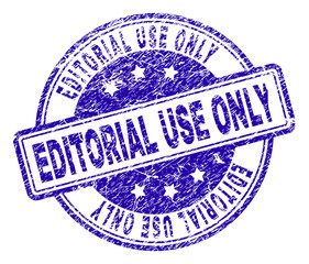 EDITORIAL USE ONLY stamp seal watermark with grunge texture. Designed with rounded rectangles and circles. Blue vector rubber print of EDITORIAL USE ONLY title with dust texture.