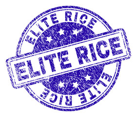 ELITE RICE stamp seal imprint with grunge texture. Designed with rounded rectangles and circles. Blue vector rubber print of ELITE RICE caption with unclean texture.