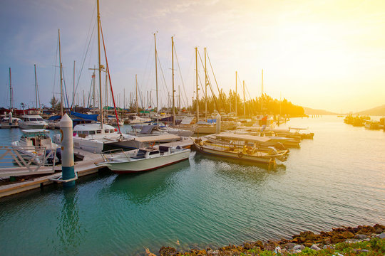Sunset view of beautiful yatch at harbour.
