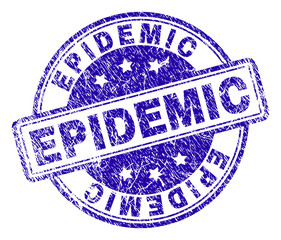 EPIDEMIC stamp seal watermark with grunge texture. Designed with rounded rectangles and circles. Blue vector rubber print of EPIDEMIC text with corroded texture.