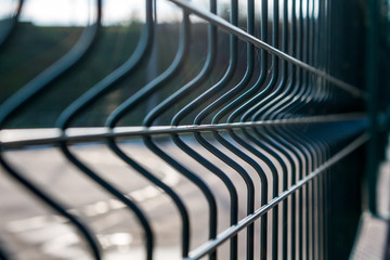 Green metal fence. Symmetrical arrangement of branches