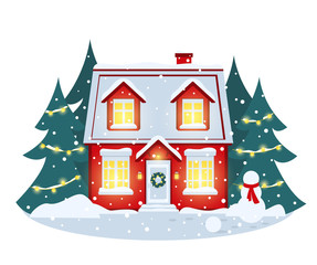 New year vector card. Evening snowfall and snow-covered house, Christmas trees decorated with lights, snow drifts and a snowman in a scarf.