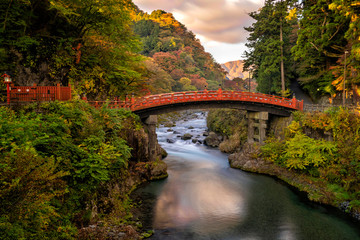 Fototapeta na wymiar Fall in the morning in Nikko// Long exposure with Shinkyo bridge in fall// Tochigi, Japan
