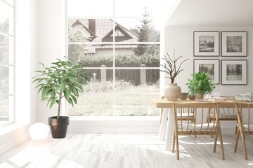 White modern dinner room. Scandinavian interior design. 3D illustration
