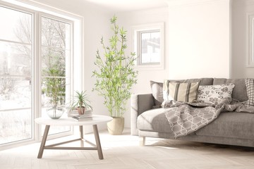 White room with sofa and winter landscape in window. Scandinavian interior design. 3D illustration
