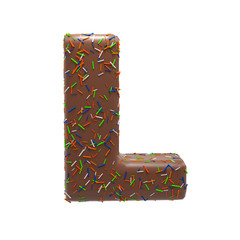 Chocolate Cake Donut Font with colorful sprinkles. Delicious Letter L. 3D Render Illustration.