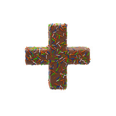 Chocolate Cake Donut Font with colorful sprinkles. Delicious Plus Math Symbol. 3D render Illustration.