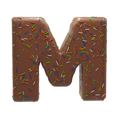 Chocolate Cake Donut Font with colorful sprinkles. Delicious Letter M. 3D Render Illustration.