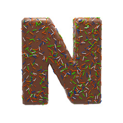 Chocolate Cake Donut Font with colorful sprinkles. Delicious Letter N. 3D Render Illustration.