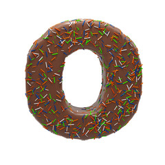 Chocolate Cake Donut Font with colorful sprinkles. Delicious Letter O. 3D Render Illustration.