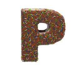 Chocolate Cake Donut Font with colorful sprinkles. Delicious Letter P. 3D Render Illustration.