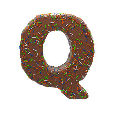 Chocolate Cake Donut Font with colorful sprinkles. Delicious Letter Q. 3D Render Illustration.