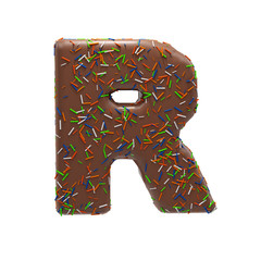 Chocolate Cake Donut Font with colorful sprinkles. Delicious Letter R. 3D Render Illustration.