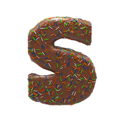 Chocolate Cake Donut Font with colorful sprinkles. Delicious Letter S. 3D Render Illustration.