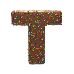 Chocolate Cake Donut Font with colorful sprinkles. Delicious Letter T. 3D Render Illustration.