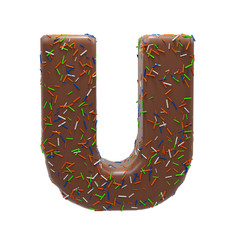 Chocolate Cake Donut Font with colorful sprinkles. Delicious Letter U. 3D Render Illustration.