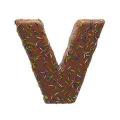 Chocolate Cake Donut Font with colorful sprinkles. Delicious Letter V. 3D Render Illustration.