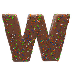 Chocolate Cake Donut Font with colorful sprinkles. Delicious Letter W. 3D Render Illustration.