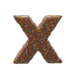 Chocolate Cake Donut Font with colorful sprinkles. Delicious Letter X. 3D Render Illustration.