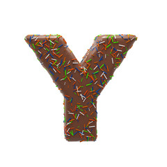 Chocolate Cake Donut Font with colorful sprinkles. Delicious Letter Y. 3D Render Illustration.