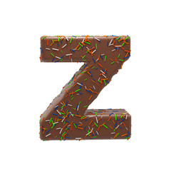 Chocolate Cake Donut Font with colorful sprinkles. Delicious Letter Z. 3D Render Illustration.