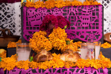 altar of the dead, day of the dead in mexico, offering, mexican food, orange flowers, candles, candy skulls, halloween, november 1, incense, souls in pain, return of souls, mexican traditions