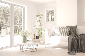 Fototapeta na wymiar Idea of white minimalist room with sofa. Scandinavian interior design. 3D illustration